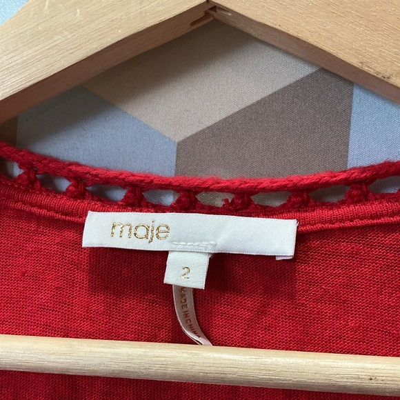 Maje 100% Linen Red Crochet Stitch Inset Tee Shirt - Picture 4 of 7